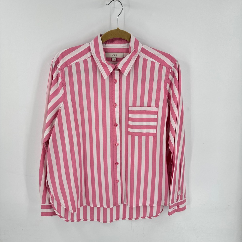 LOFT Pink White Striped Button Down Shirt Size M Coastal Preppy Spring